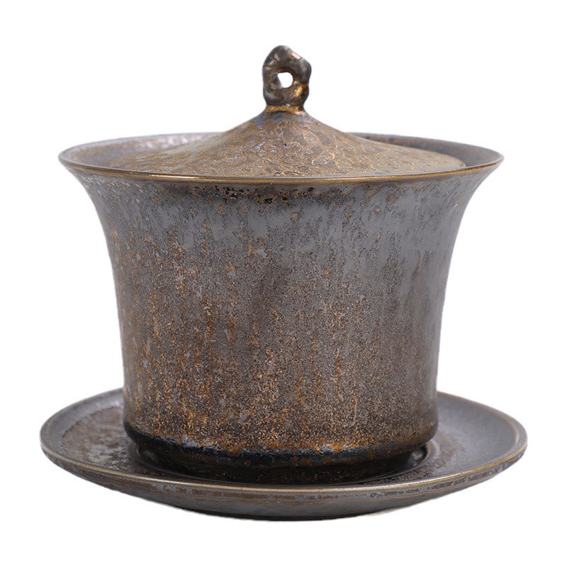 Taza de té y platillo de cerámica con esmalte de óxido Retro, Buddha Stones , Gaiwan Sancai, Kung Fu, con tapa