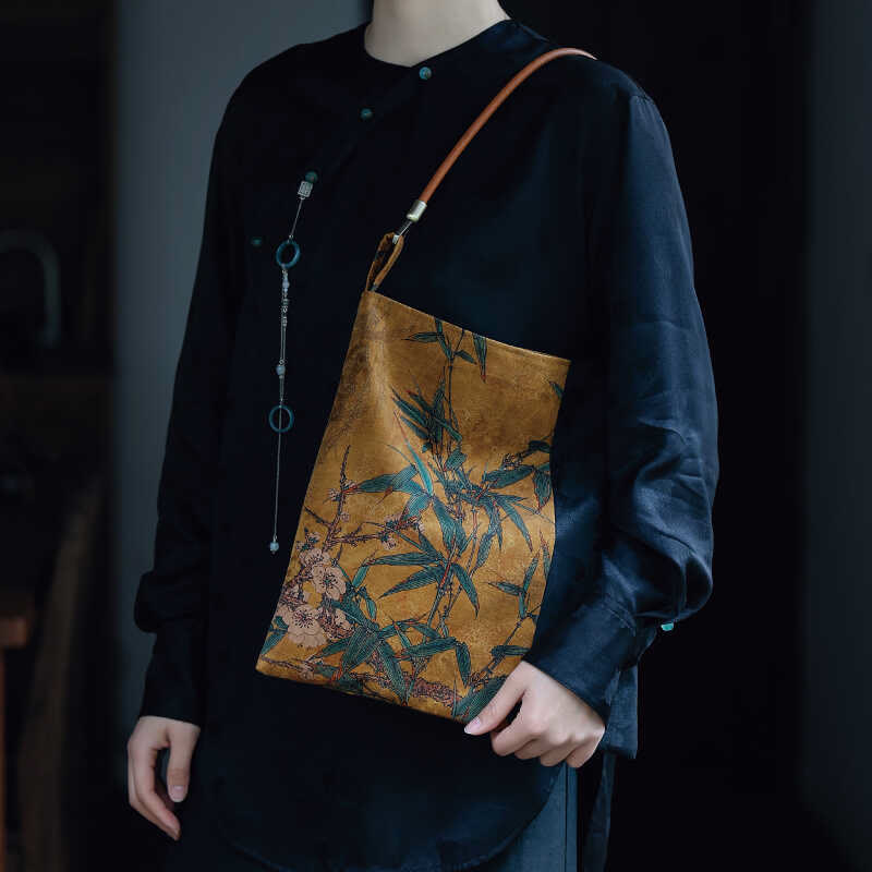 Bolso de hombro con Buddha Stones, hojas de bambú, flor, mariposa, caqui