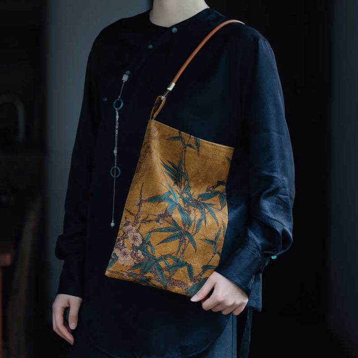 Bolso de hombro con Buddha Stones, hojas de bambú, flor, mariposa, caqui