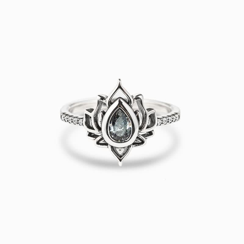 Anillo de protección de bendición de circonita de loto de plata de ley con Buddha Stones