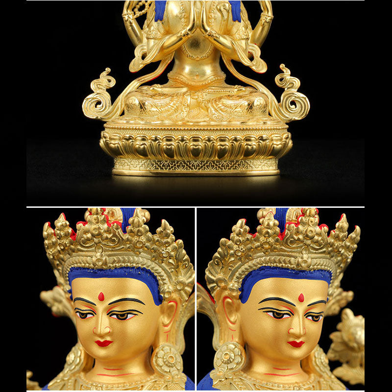 Chenrezig-Estatua chapada en oro y cobre con protección Avalokitesvara de cuatro brazos, decoración