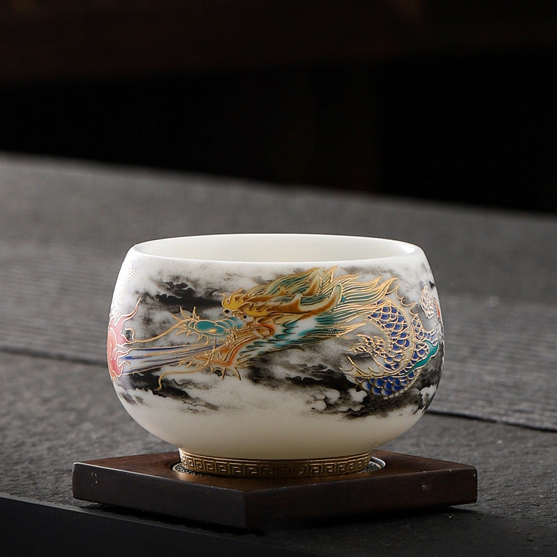 Taza de té de cerámica de porcelana blanca con diseño de dragón jugando con Buddha Stones, taza de té de Kung Fu de 160ml