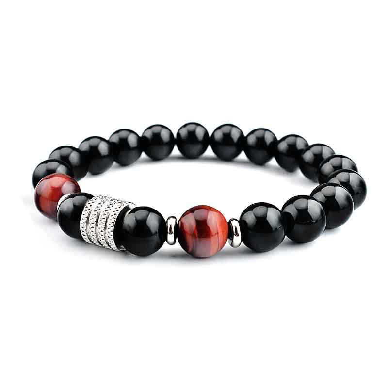Pulsera de cumplimiento de fuerza de ojo de tigre de obsidiana negra natural con Buddha Stones - Obsidiana negra y ojo de tigre rojo - Cuerda elástica - image 9