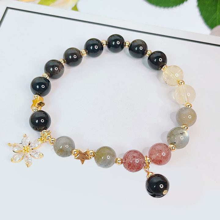 Pulsera de protección de flor de estrella de corazón de amor de obsidiana con brillo de plata natural de Buddha Stones