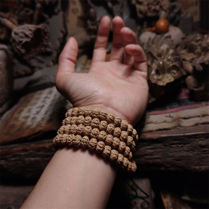108 cuentas de Mala Rudraksha Bodhi Semilla Suerte Riqueza Borla Pulsera cuádruple
