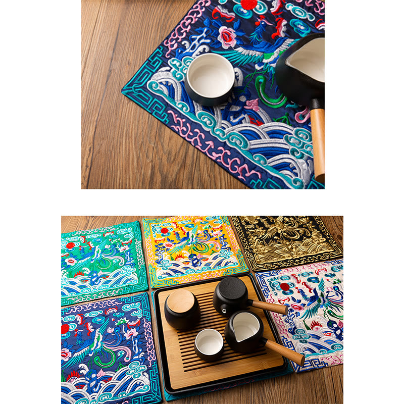 Alfombrilla para taza bordada con Buddha Stones , dragón Fénix, Kirin, posavasos para taza de té, tapete para té Kung Fu