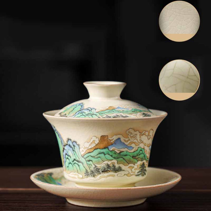 Buddha Stones, un panorama de ríos y montañas, flores, taza de té de cerámica Gaiwan Sancai, taza de té de Kung Fu y platillo con tapa