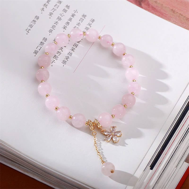 Pulsera de amor de flor de ciruelo de cristal rosa natural