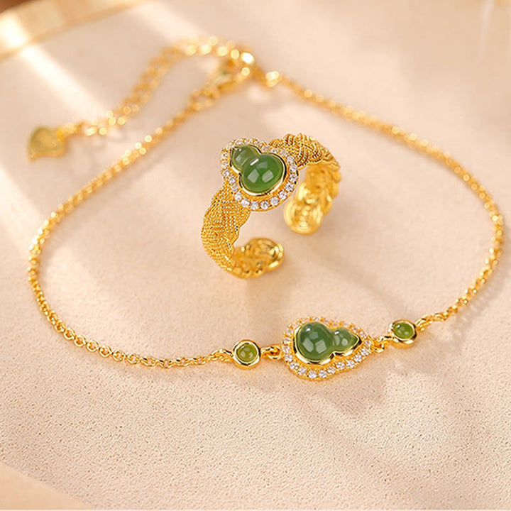 Juego de anillos de pulsera de la suerte con forma de calabaza de jade cian hetiano natural chapado en plata de ley 925 con Buddha Stones
