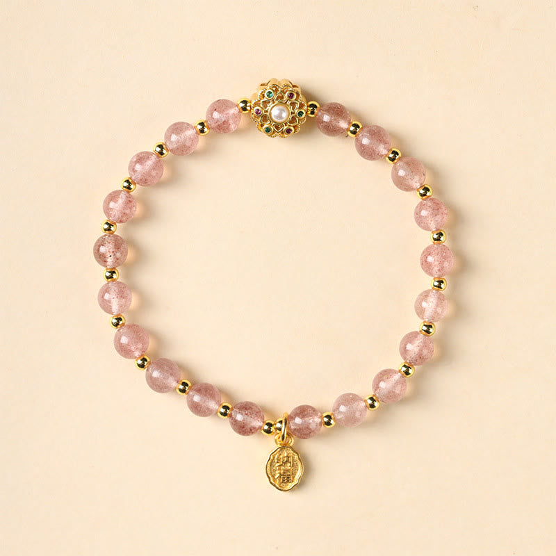 Buddha Stones chapadas en oro de 14 quilates, cuarzo fresa natural, labradorita, piedra solar, personaje Fu, pulsera con dije positivo