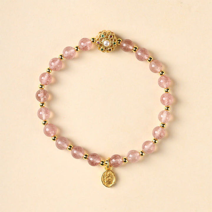 Buddha Stones chapadas en oro de 14 quilates, cuarzo fresa natural, labradorita, piedra solar, personaje Fu, pulsera con dije positivo