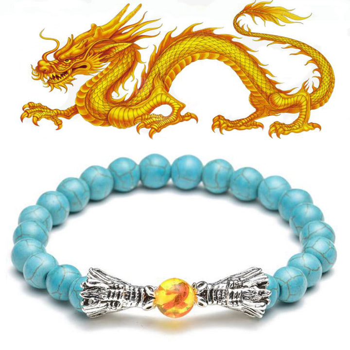 Pulsera con cuentas de bendición de dragón de roca de lava, turquesa blanca, Buddha Stones