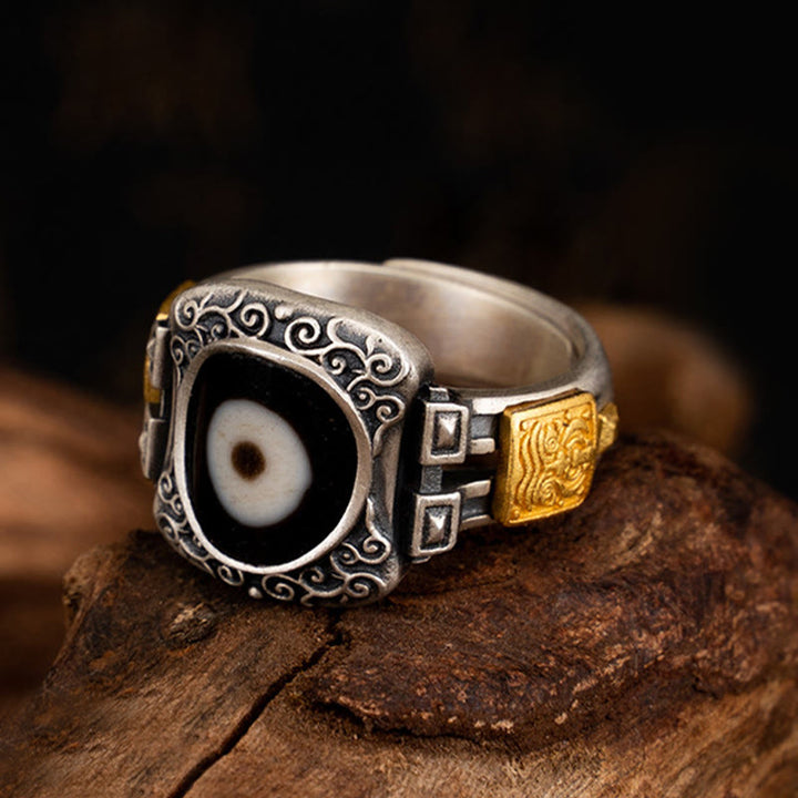 Anillo de protección de cuentas Dzi con diseño de diosa de la riqueza Zakiram de plata de ley 925 con Buddha Stones