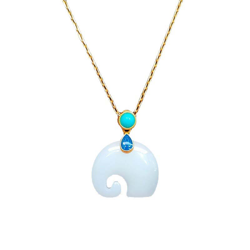 Buddha Stones Jade blanco Elefante Suerte Collar Colgante