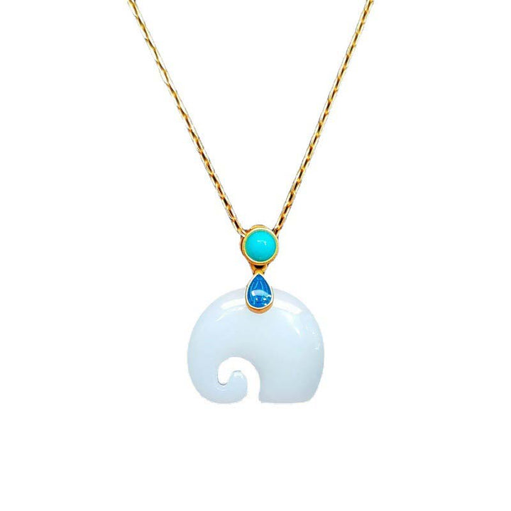 Buddha Stones Jade blanco Elefante Suerte Collar Colgante