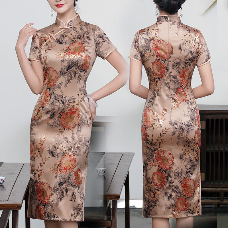 Vestido Cheongsam para mujer con estampado de plumas de peonía y flor de loto Retro con Buddha Stones - Flor de champán oscuro - US16, UK/AU20, EU48 (5XL) - image 12