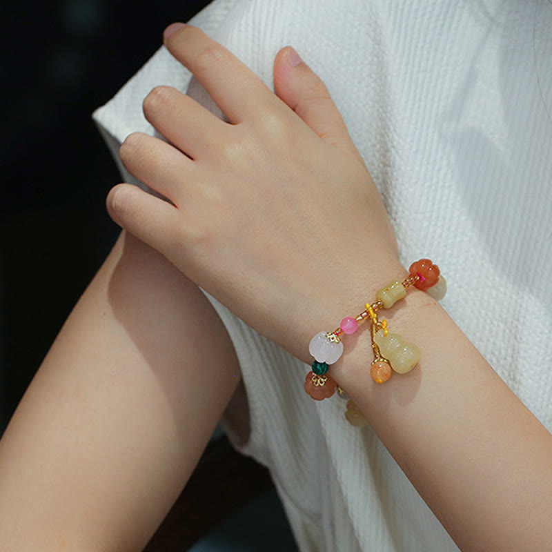 Pulsera de abalorios de riqueza con cuentas de calabaza Pixiu, cristales de Jade de seda dorada Natural