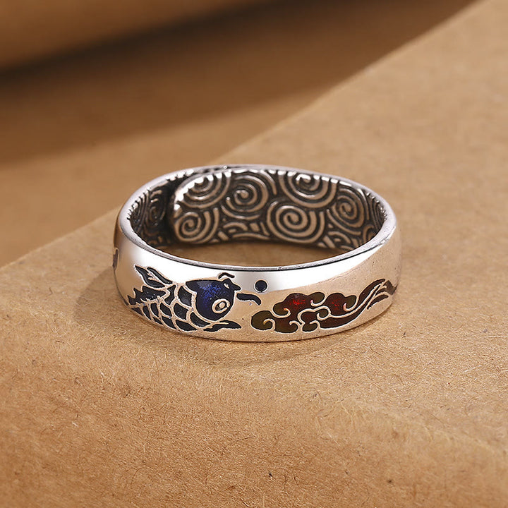Buddha Stones Pez Koi Diseño de nube propicia Suerte Anillo de riqueza
