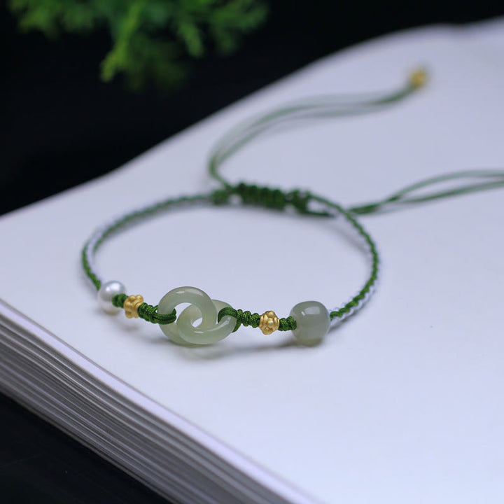 Pulsera trenzada de la suerte con hebilla de paz doble de jade hetiano de plata de ley 925 con Buddha Stones