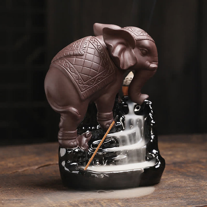 Elefante tibetano, fuente de humo de reflujo de arcilla púrpura, decoración de quemador de incienso curativo de paz