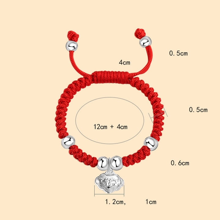 Buddha Stones Plata de ley 925 Hecha a mano Personaje Fu Bolsa de dinero de la suerte Candado chino Campana Loto Moneda de cobre Nudo King Kong Pulsera trenzada para niños