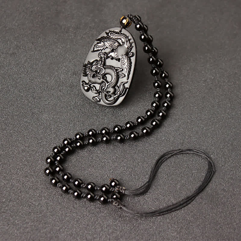 Colgante de collar con cuentas de protección de dragón y fénix de ojo de tigre de obsidiana negra