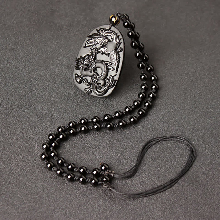 Colgante de collar con cuentas de protección de dragón y fénix de ojo de tigre de obsidiana negra