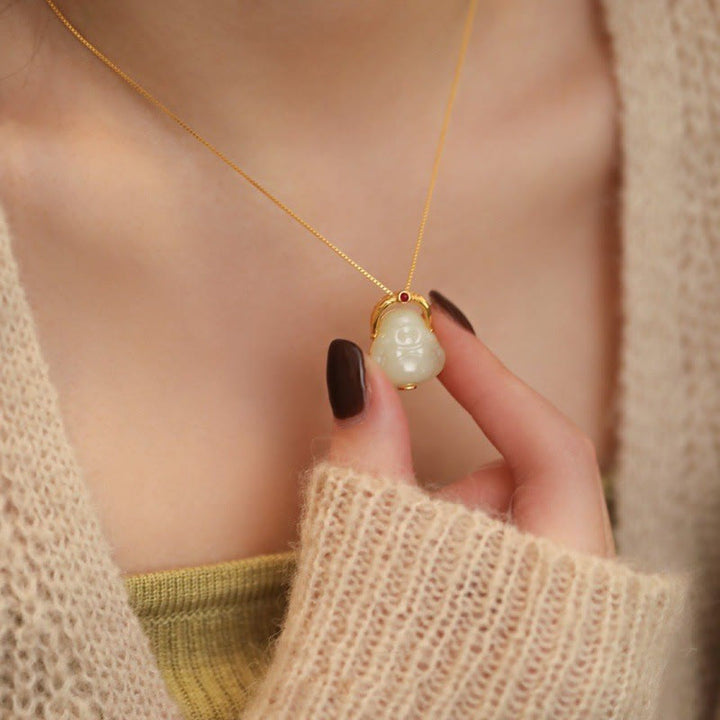 Buddha Stones de Plata de Ley 925, colgante de collar de cadena de abundancia de Buda sonriente de Jade Hetiano Natural - image 3
