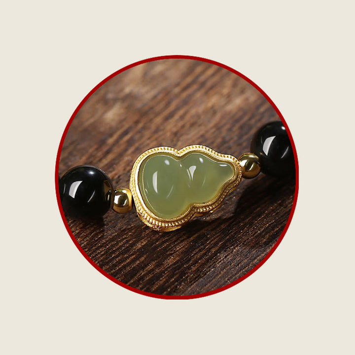 Pulsera de fuerza de doble felicidad con calabaza de jade hetiano de obsidiana negra natural