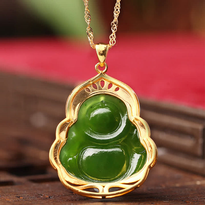 Colgante de cadena de collar curativo de oro de 18 quilates de Buda sonriente de jade cian hetiano natural de plata de ley 925 - image 8