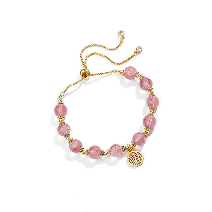 Pulsera con dije positivo de personaje Fu de cuarzo fresa natural chapado en oro de 14 quilates con Buddha Stones