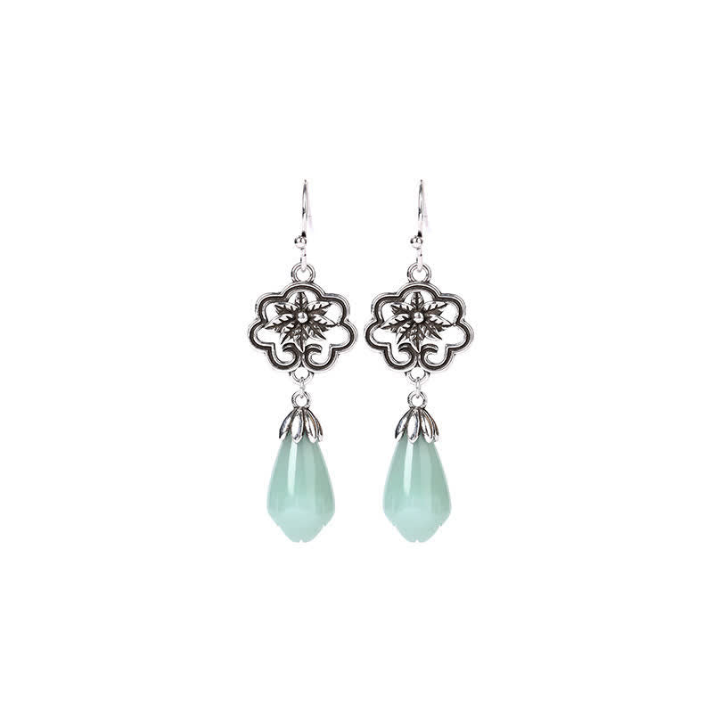 Pendientes colgantes de prosperidad con Buddha Stones, flor de magnolia, jade, gota de agua