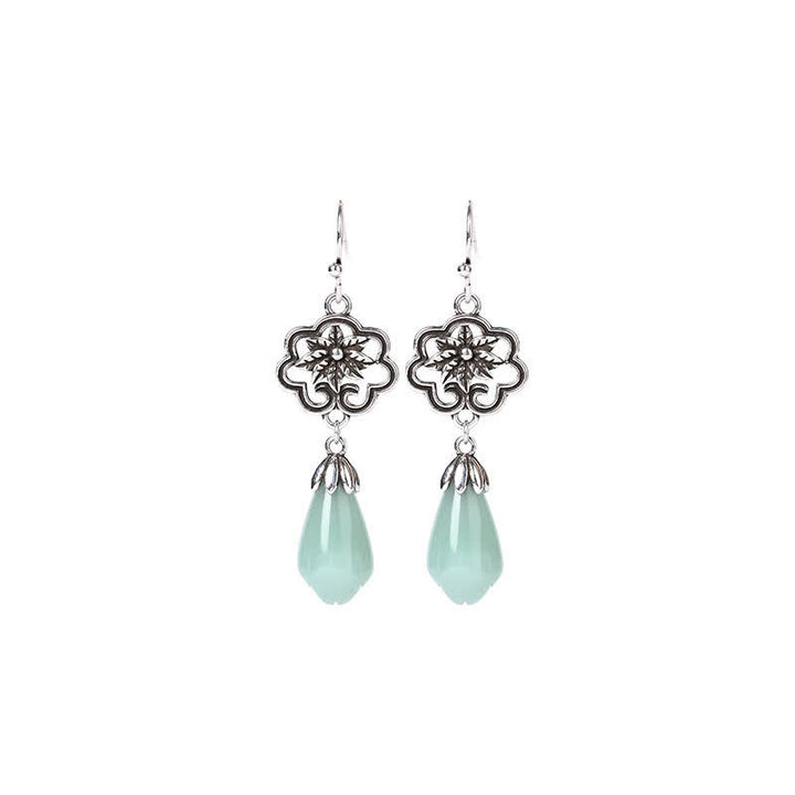 Pendientes colgantes de prosperidad con Buddha Stones, flor de magnolia, jade, gota de agua