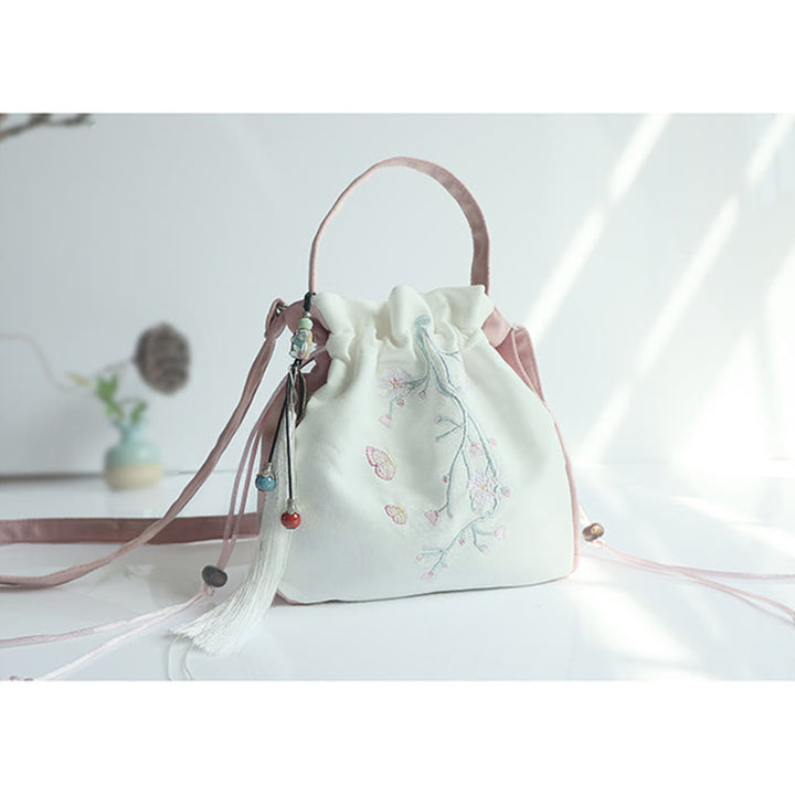 Bolso de hombro de lona con flores bordadas hechas a mano con Buddha Stones