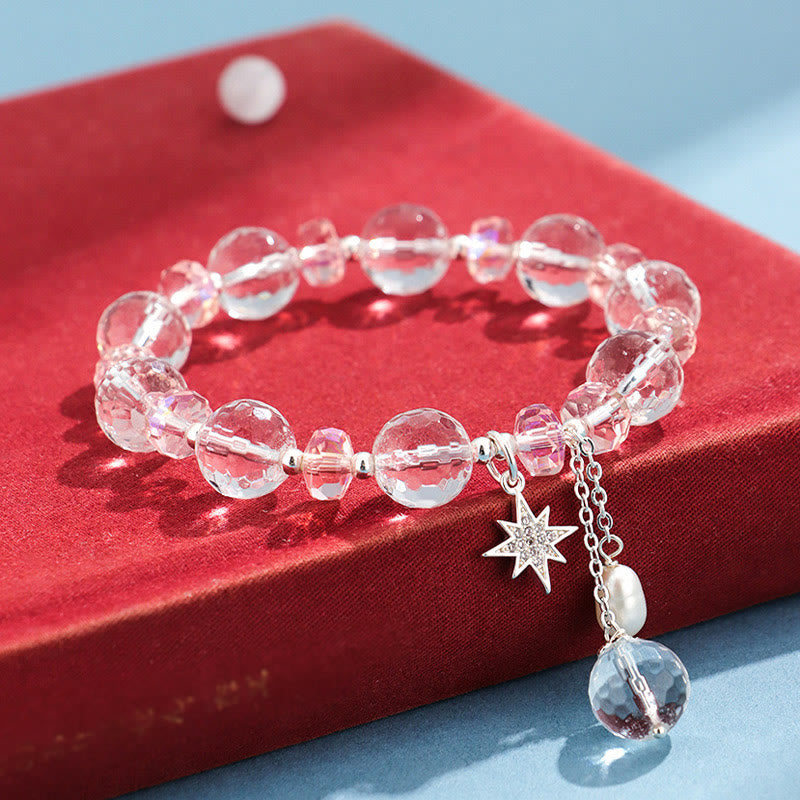 Pulsera con dije de estrella de protección de cristal rosa y cristal blanco con Buddha Stones