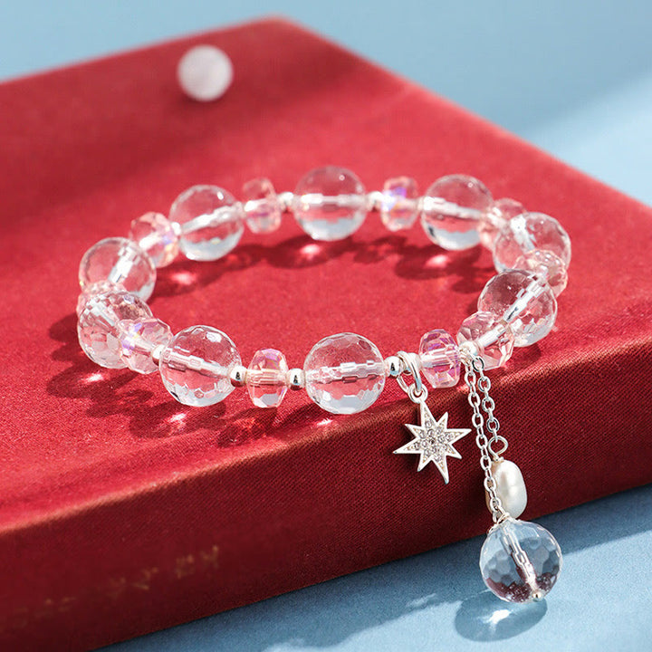 Pulsera con dije de estrella de protección de cristal rosa y cristal blanco con Buddha Stones