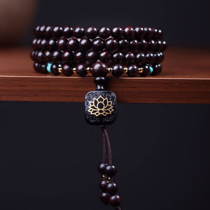 Buddha Stones 108 cuentas Mala tibetanas hoja pequeña sándalo rojo pulsera de equilibrio de loto