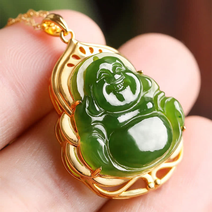 Colgante de cadena de collar curativo de oro de 18 quilates de Buda sonriente de jade cian hetiano natural de plata de ley 925 - image 3