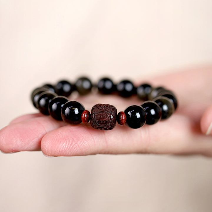 Pulsera curativa con carácter de obsidiana arcoíris de obsidiana con brillo de oro natural con Buddha Stones Om Mani Padme Hum Fu