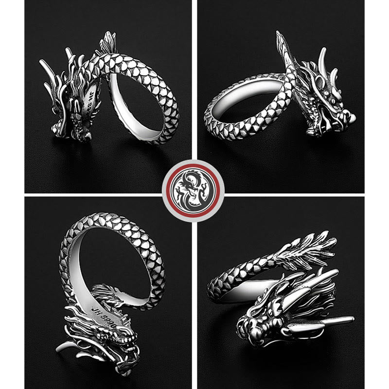 Anillo ajustable de plata de ley 990 con Buddha Stones , diseño de dragón vintage, protección de la suerte y fuerza