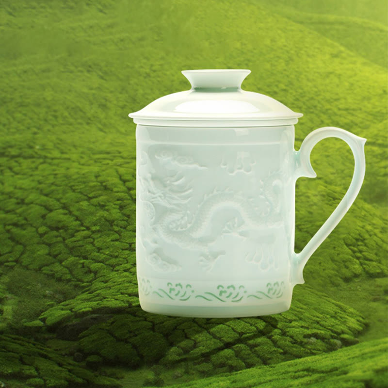 Buddha Stones Jingdezhen Linglong porcelana auspiciosa dragón Fénix barco navegación suave taza de té de cerámica tazas de té de oficina 420ml