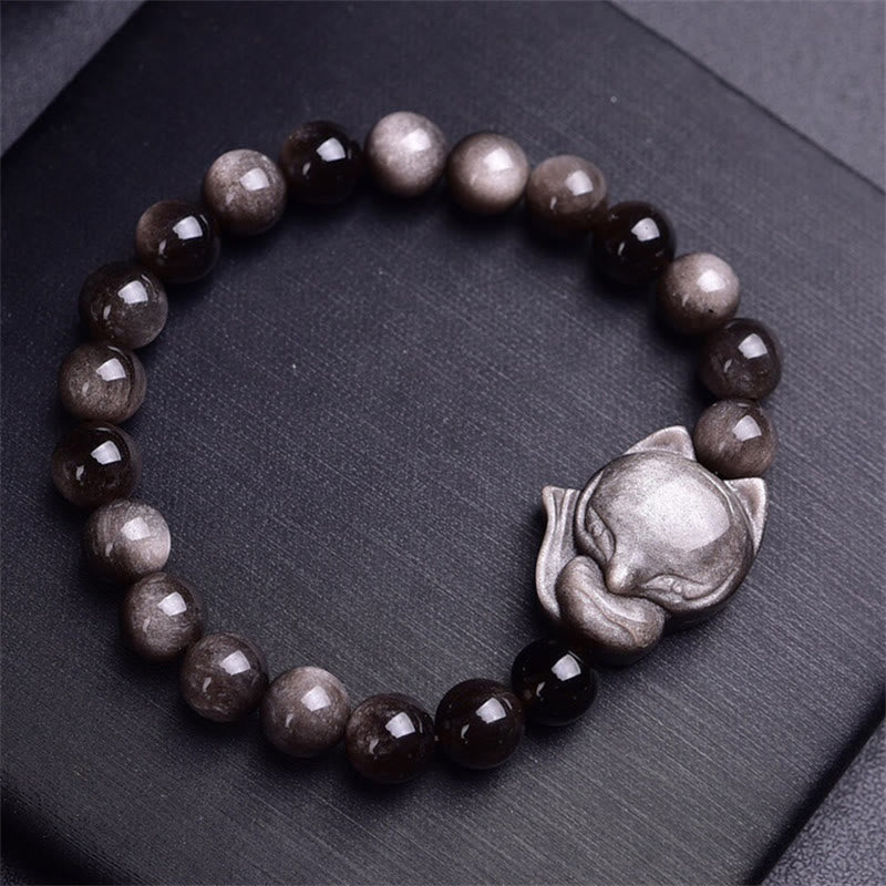 Pulsera de protección de zorro de obsidiana brillante de plata natural con Buddha Stones