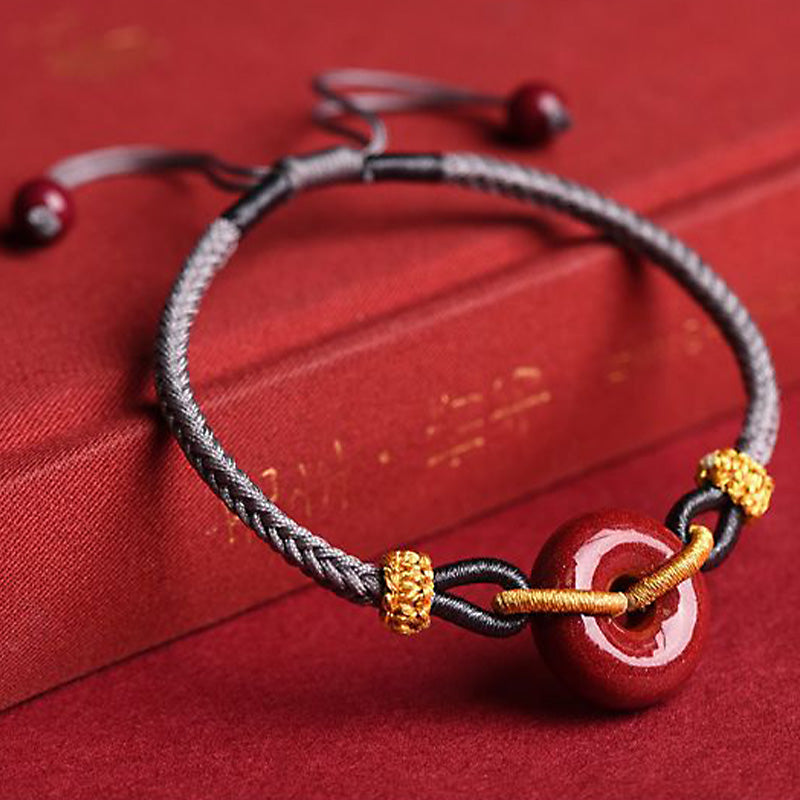 Pulsera de cuerda trenzada con hebilla de paz de cinabrio hecha a mano con Buddha Stones