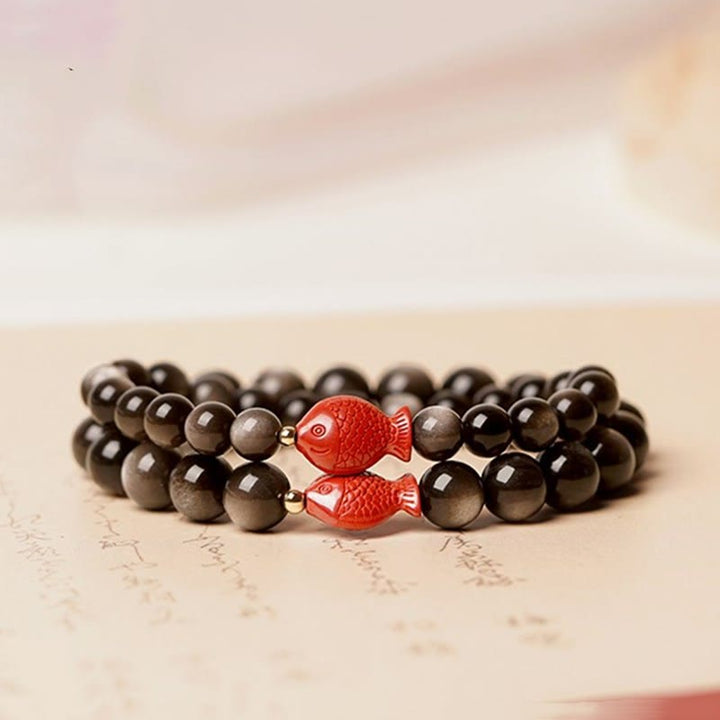 Pulsera de protección calmante con Buddha Stones , obsidiana con brillo de plata natural, cinabrio, pez Koi