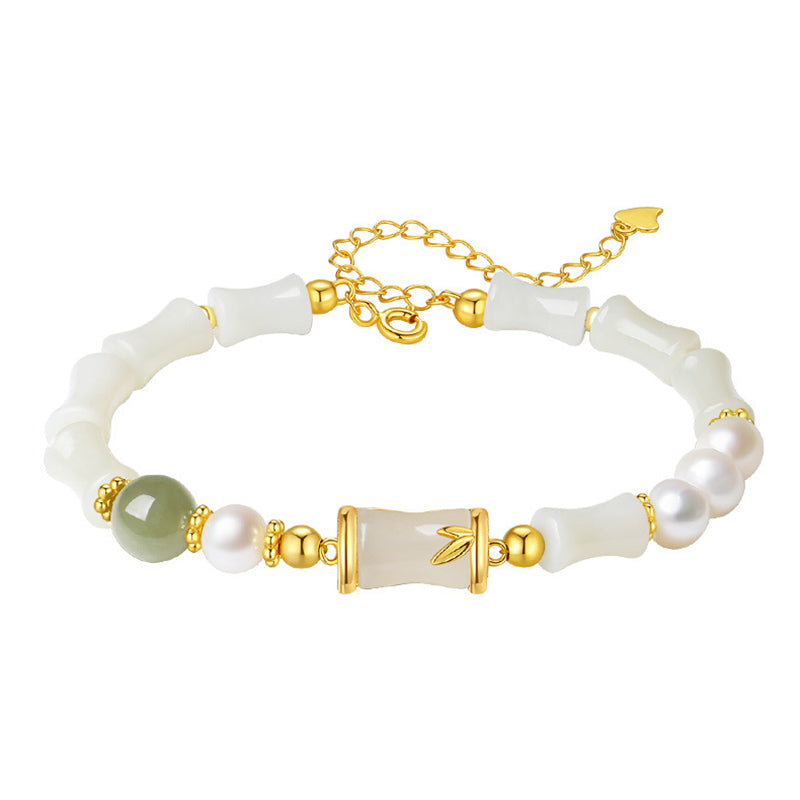 Pulsera de bendición de la suerte de bambú de jade blanco hetiano natural de plata de ley 925 con Buddha Stones