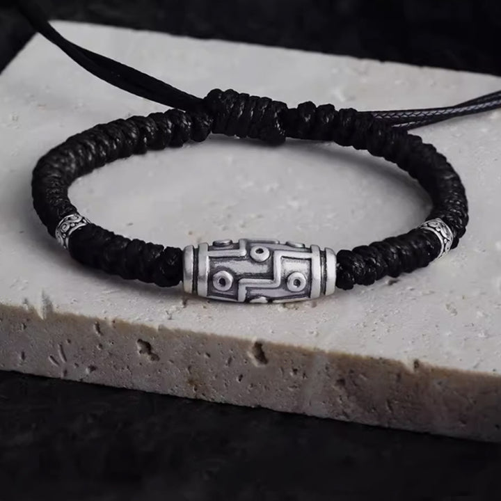 Pulsera de cuerda de bendición con patrón de cuentas Dzi de nueve ojos de plata de ley 999 con Buddha Stones
