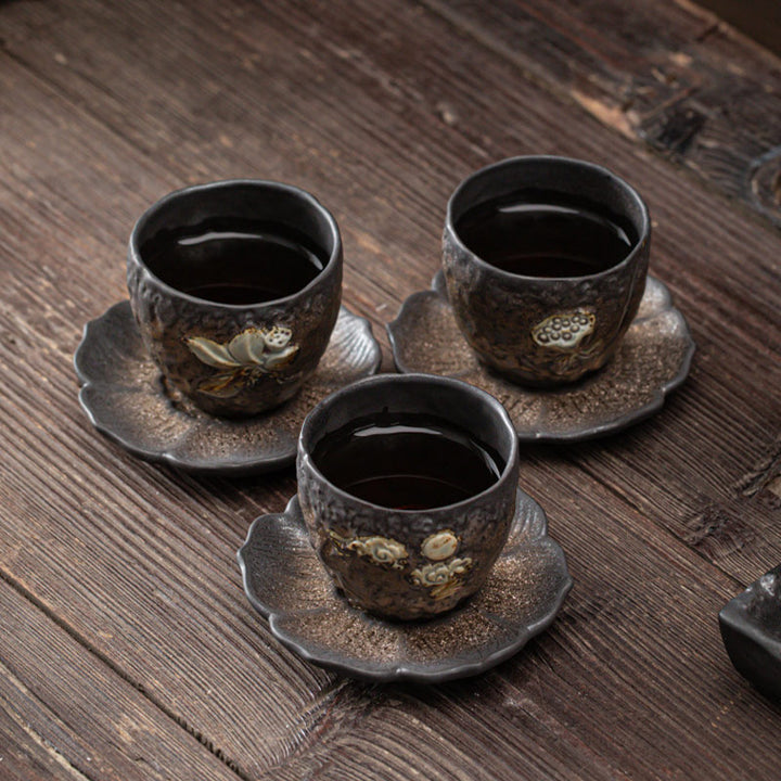 Taza de té de cerámica con Buddha Stones, hoja de vaina de loto, flor, nubes propicias, taza de té de Kung Fu