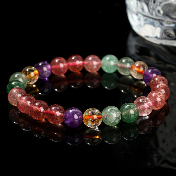 Pulsera con cuentas curativas de amor de cuarzo fresa multicolor natural con Buddha Stones