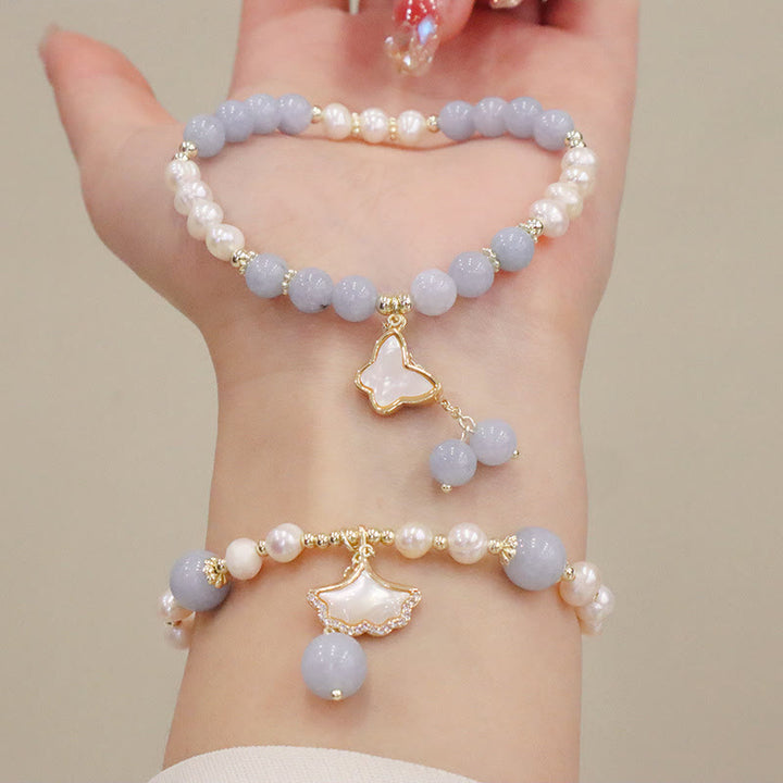 Pulsera con dije de mariposa y hoja de Ginkgo curativa con perlas de aguamarina naturales y Buddha Stones