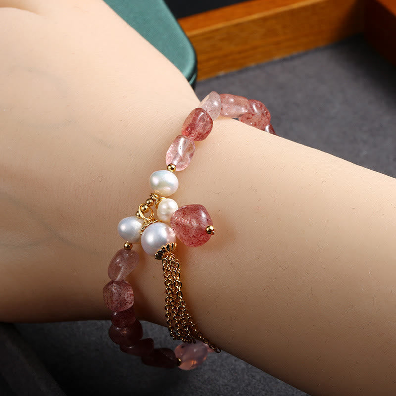 Pulsera curativa de amor chapada en oro de 14 quilates con perlas de cuarzo fresa natural